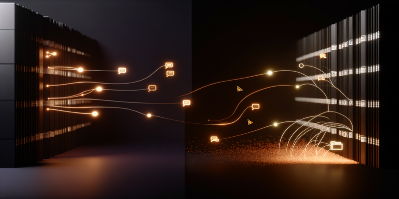 Abstract transition from chat interface to code workspace with glowing connections