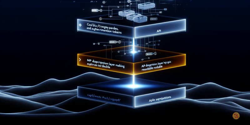 Abstract visualisation of two translucent layers — raw API symbols below in cool blue, MCP description cards above glowing warm amber — connected by a beam of light