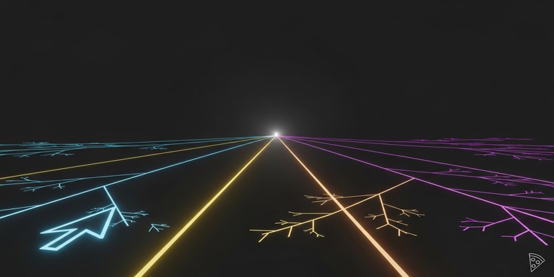 Four diverging pathways from a glowing prompt cursor
