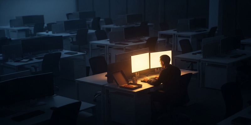 Single lit workstation glowing in a dark open-plan office