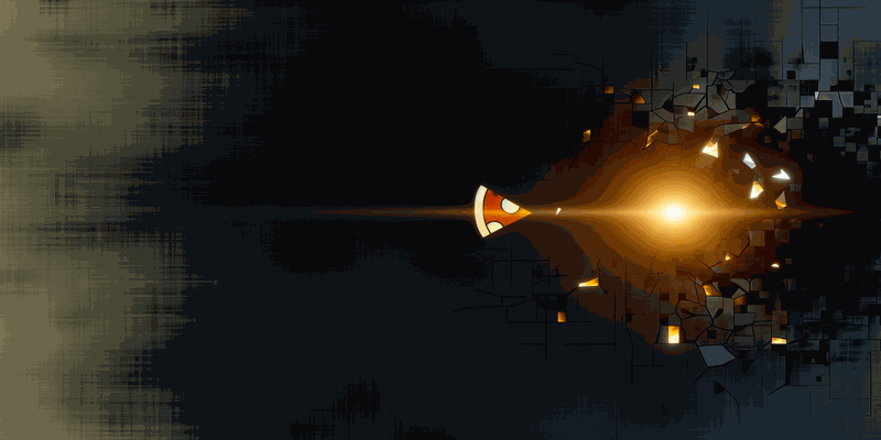 A single bright path splitting into scattered fragments against a dark organisational backdrop